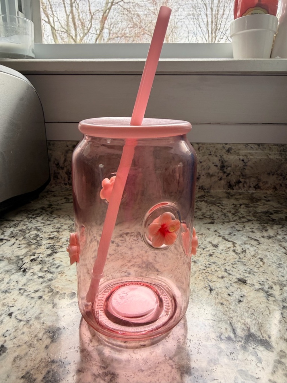 Pink Glass mason style tumbler with Lid and Straw - Picture 3 of 7